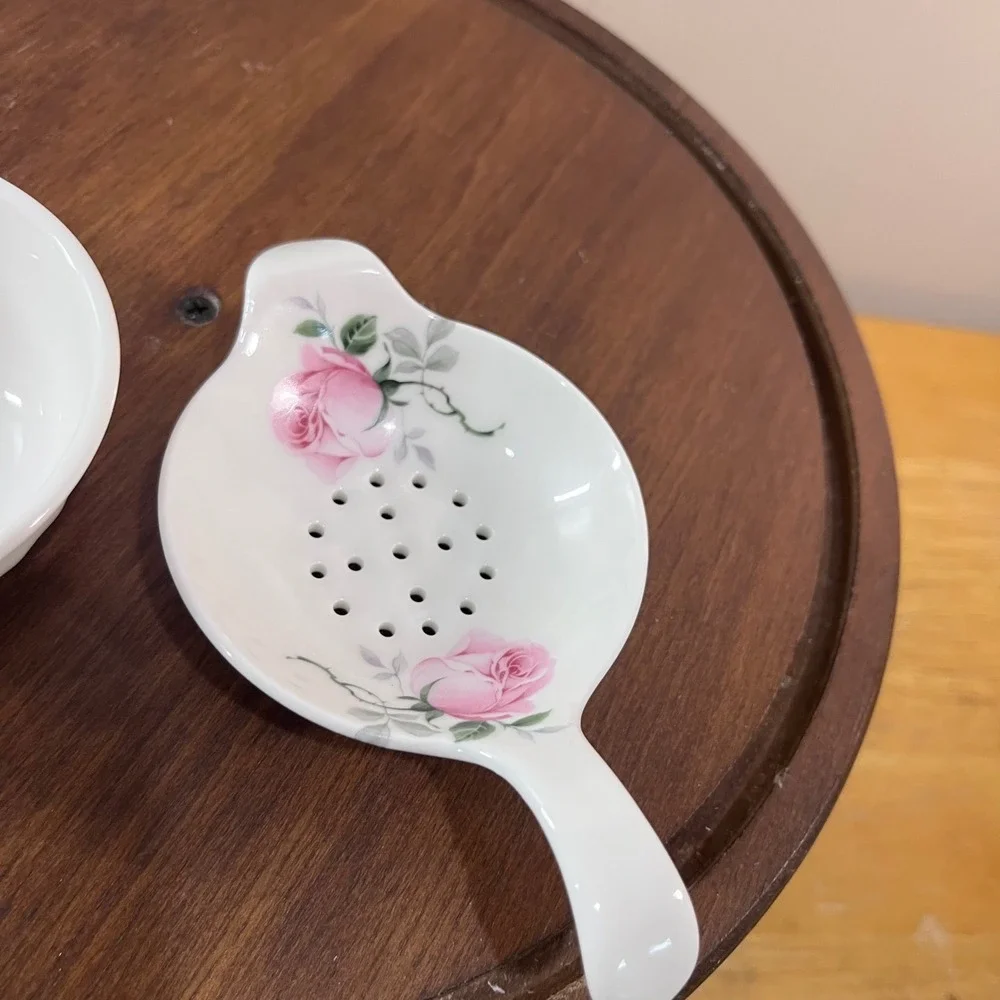 Vtg Allyn Nelson Porcelain Tea Strainer and Drip Bowl Set Pink Rose Floral 2pc